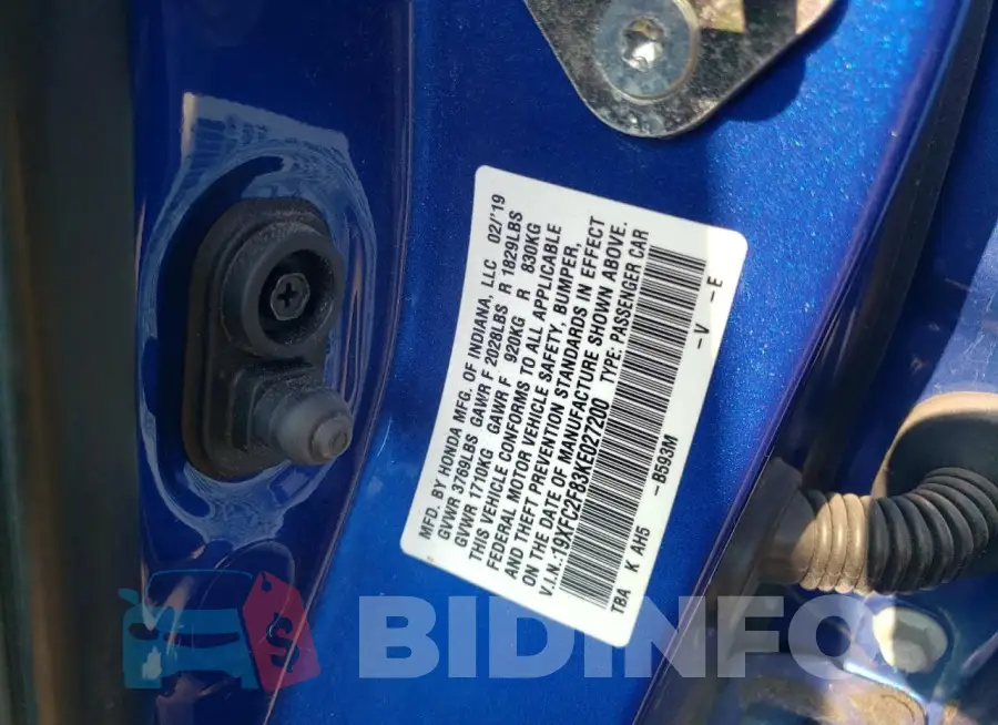 19XFC2F83KE027200 Photo# 12