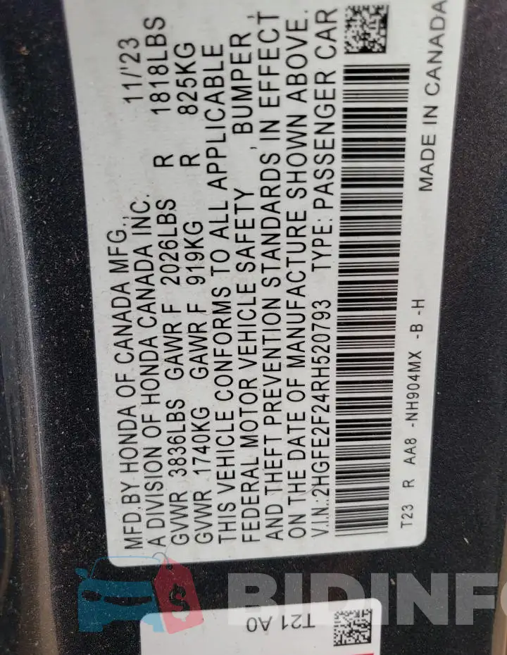 2HGFE2F24RH520793 Photo# 12