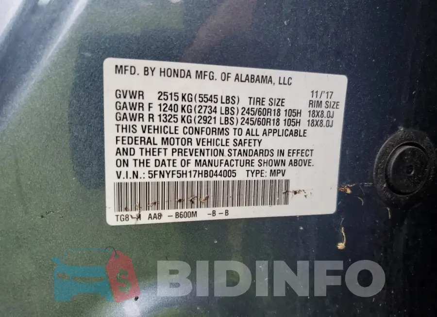 5FNYF5H17HB044005 Photo# 14