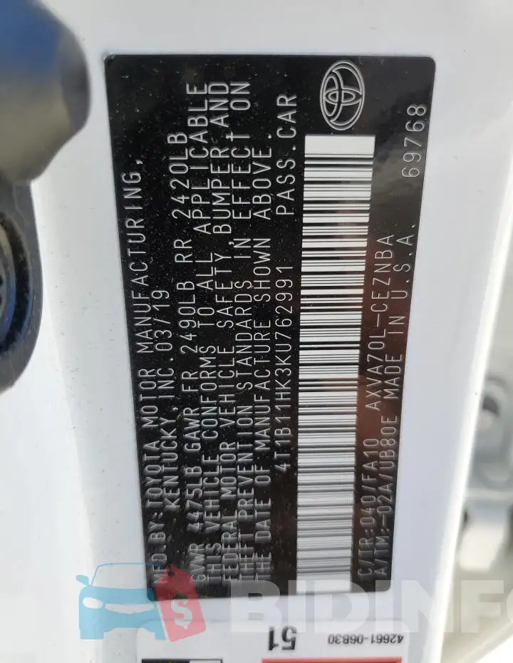 4T1B11HK3KU762991 Photo# 12