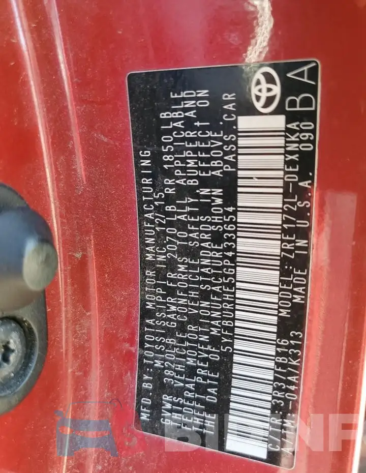 5YFBURHE5GP433654 Photo# 12