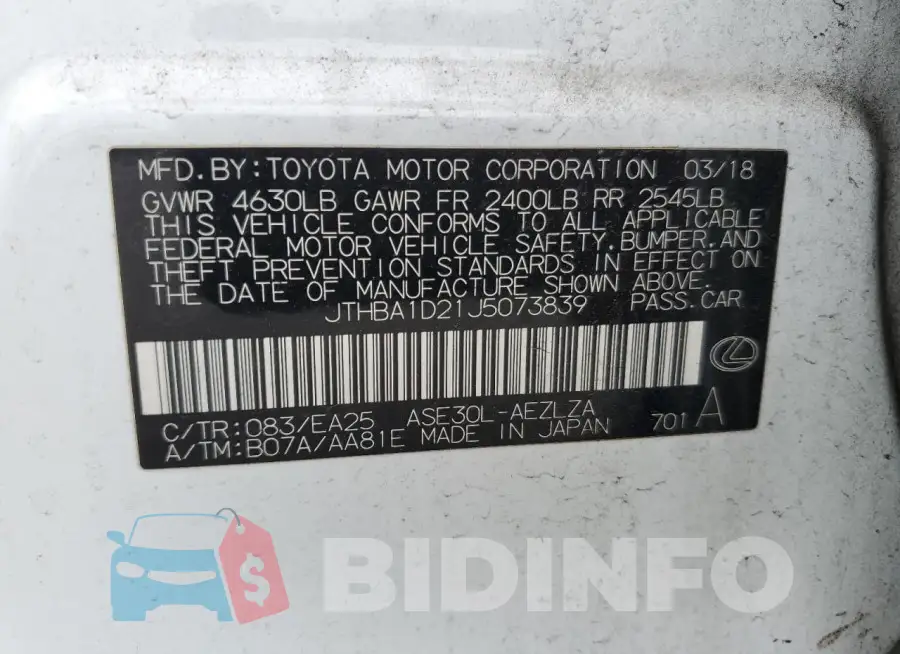 JTHBA1D21J5073839 Photo# 12