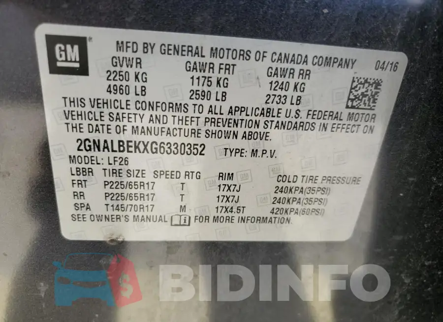 2GNALBEKXG6330352 Photo# 13