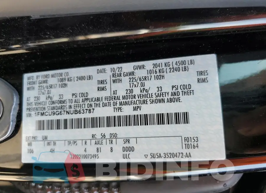 1FMCU9G67NUB63787 Photo# 12