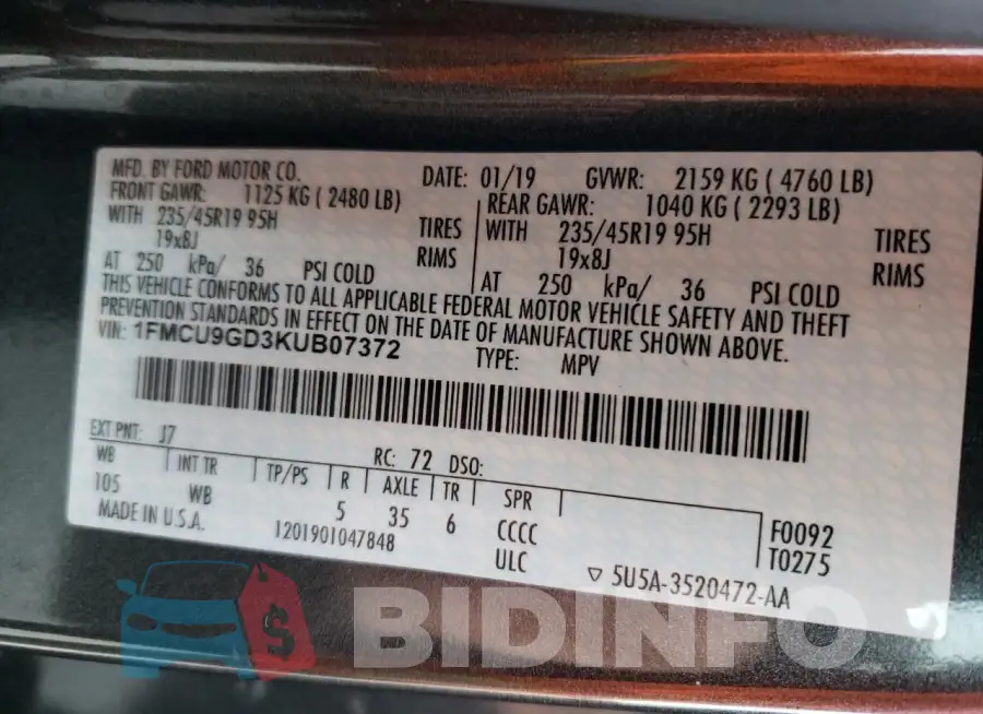1FMCU9GD3KUB07372 Photo# 13