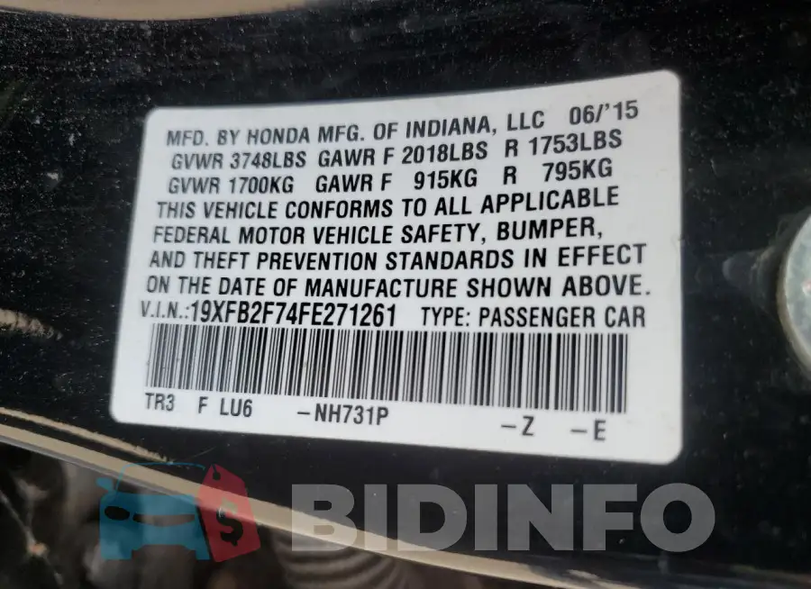 19XFB2F74FE271261 Photo# 13