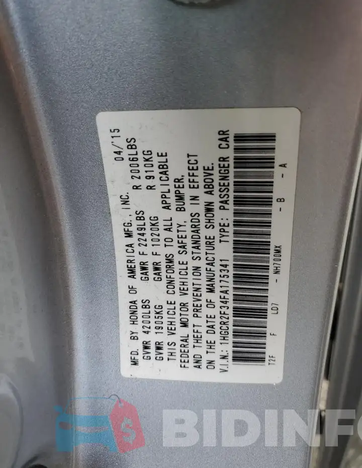 1HGCR2F34FA175341 Photo# 12