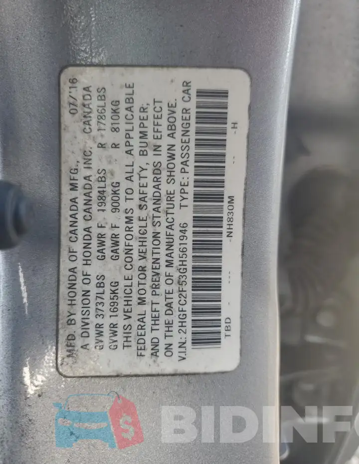 2HGFC2F53GH561946 Photo# 12