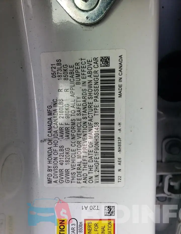 2HGFE1F90NH301458 Photo# 13