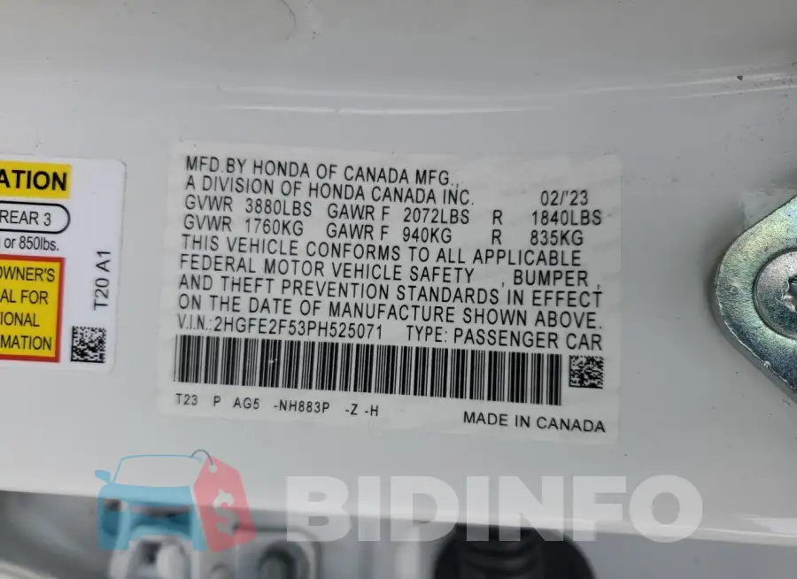 2HGFE2F53PH525071 Photo# 12