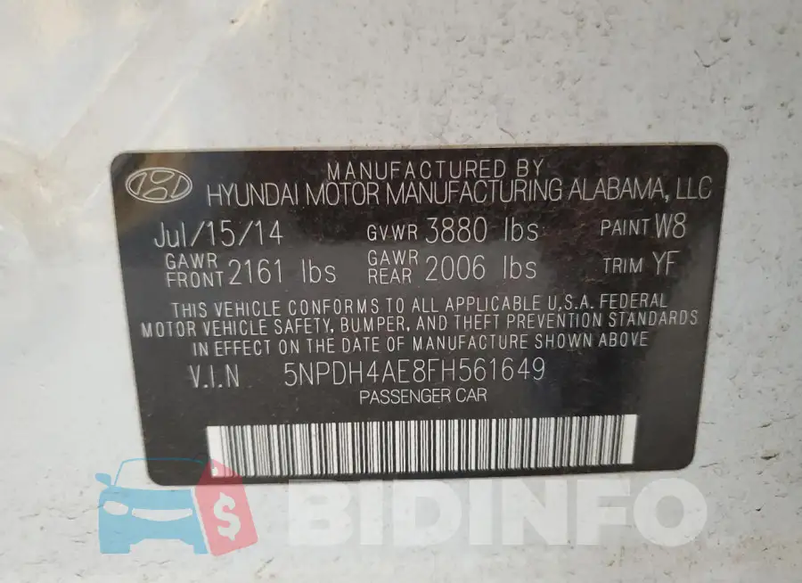 5NPDH4AE8FH561649 Photo# 12