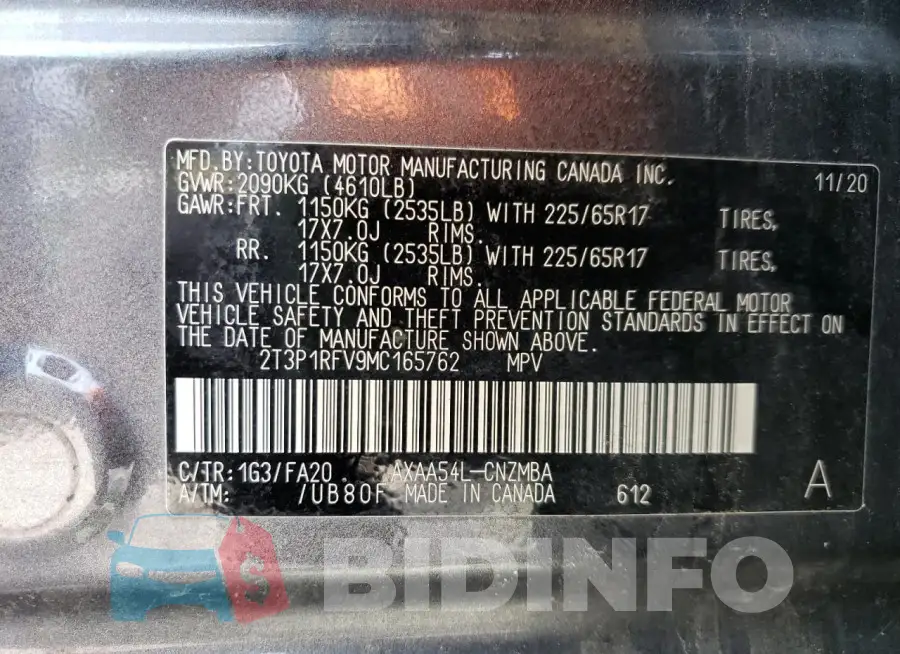 2T3P1RFV9MC165762 Photo# 14