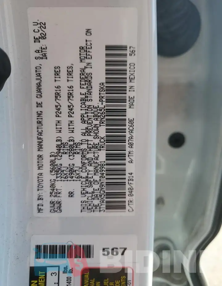 3TYAX5GN9NT049981 Photo# 12