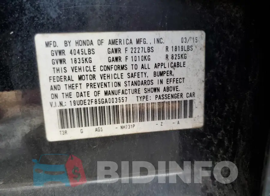 19UDE2F85GA003557 Photo# 13