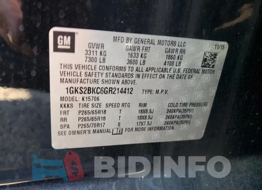 1GKS2BKC6GR214412 Photo# 14