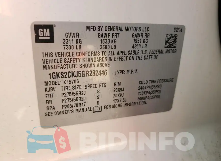 1GKS2CKJ5GR282446 Photo# 13