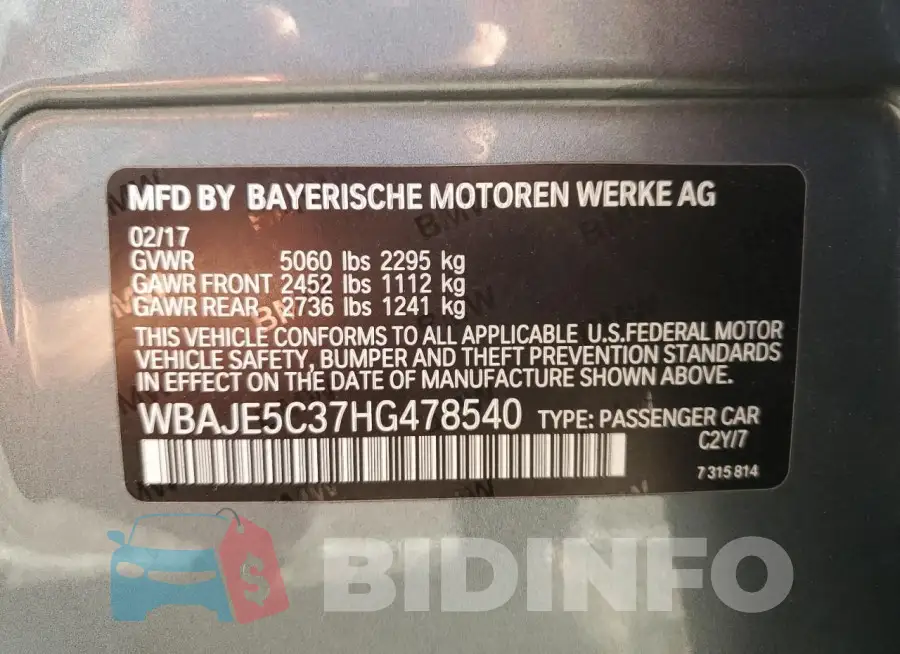 WBAJE5C37HG478540 Photo# 13