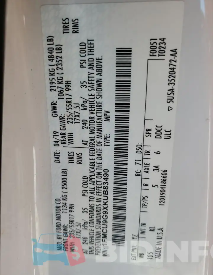 1FMCU9G9XKUB83490 Photo# 13