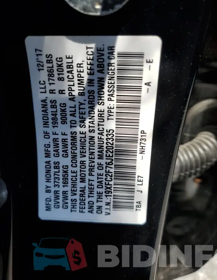 19XFC2F76JE202335 Photo# 12