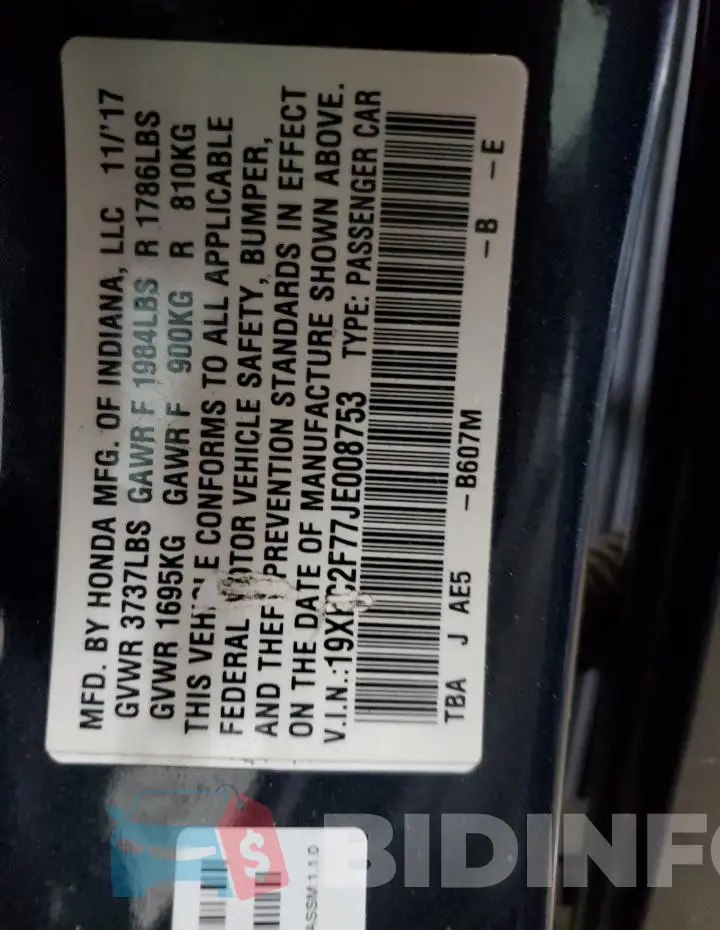 19XFC2F77JE008753 Photo# 12
