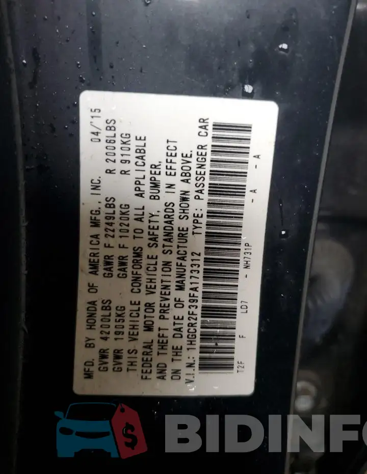 1HGCR2F39FA173312 Photo# 12