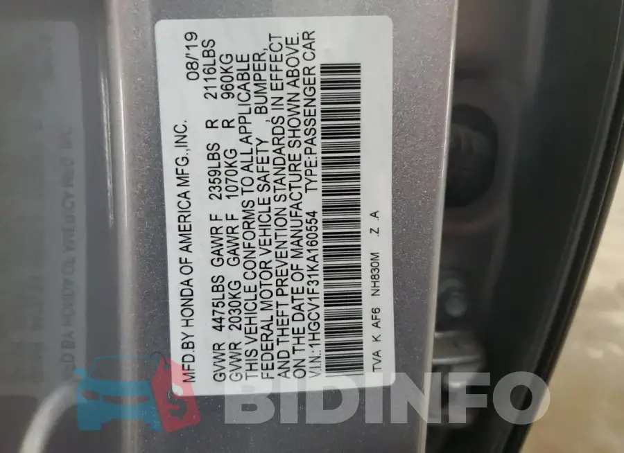 1HGCV1F31KA160554 Photo# 13