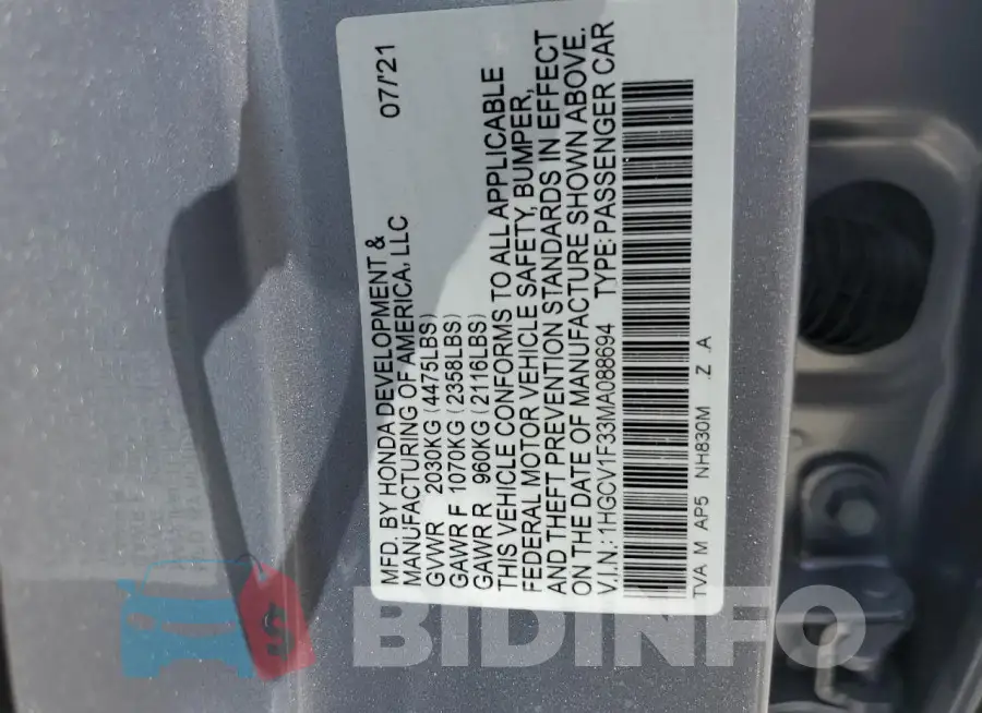 1HGCV1F33MA088694 Photo# 12