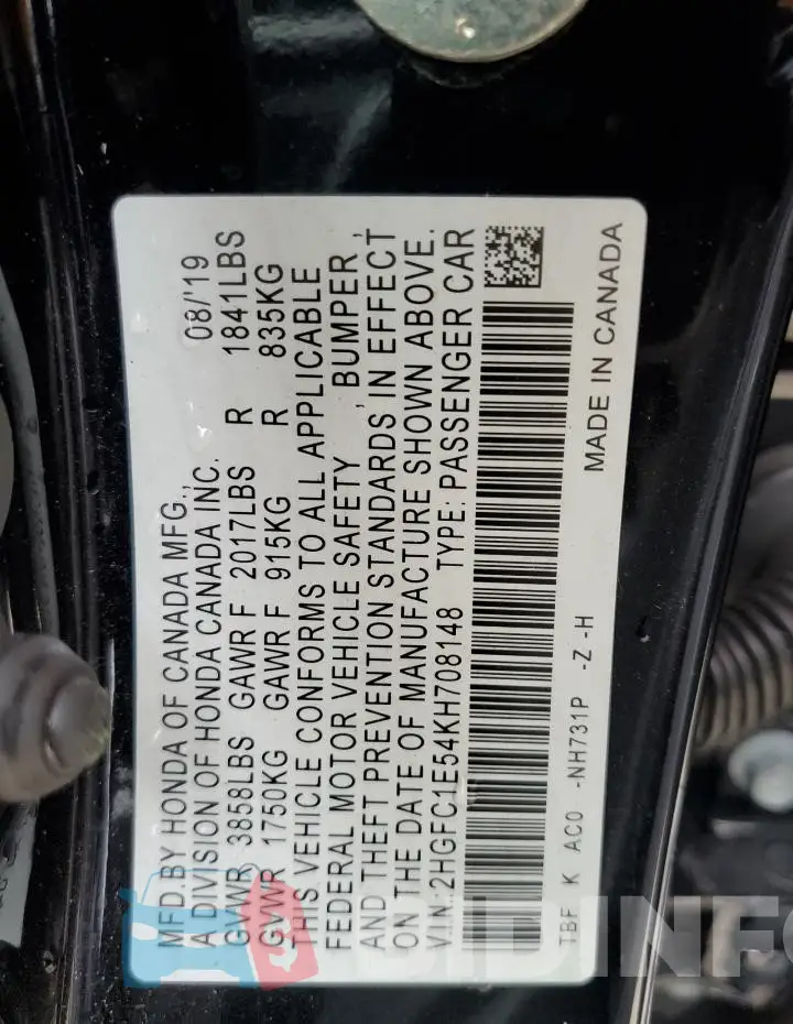 2HGFC1E54KH708148 Photo# 12