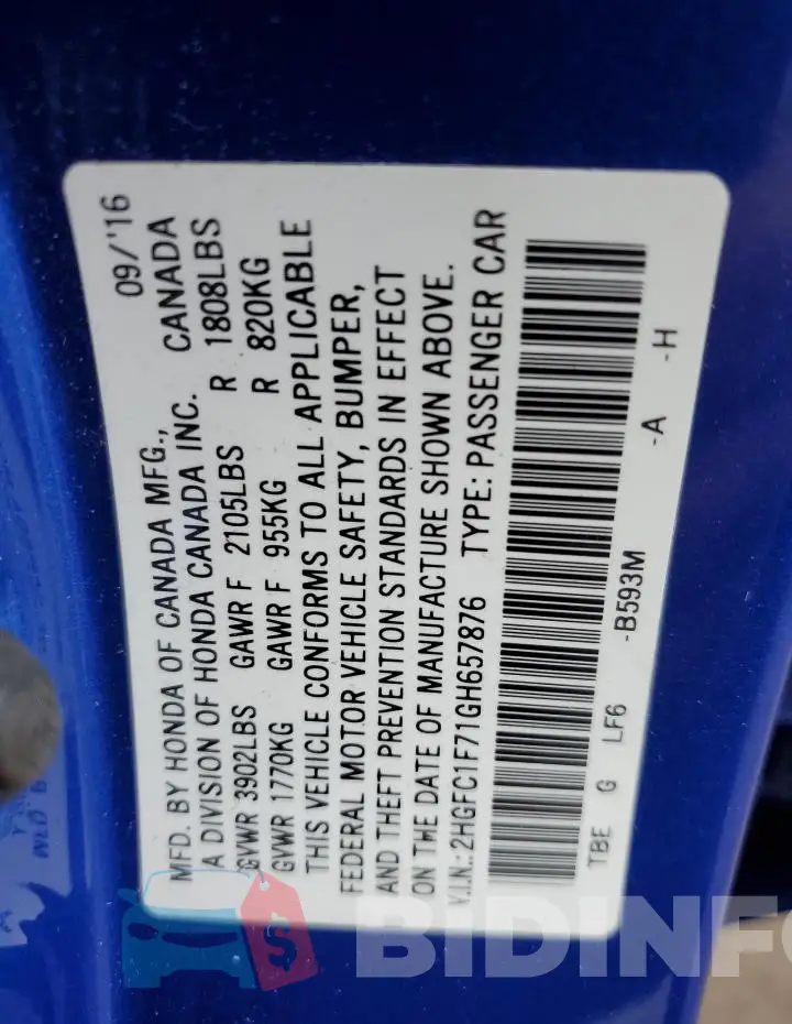 2HGFC1F71GH657876 Photo# 12