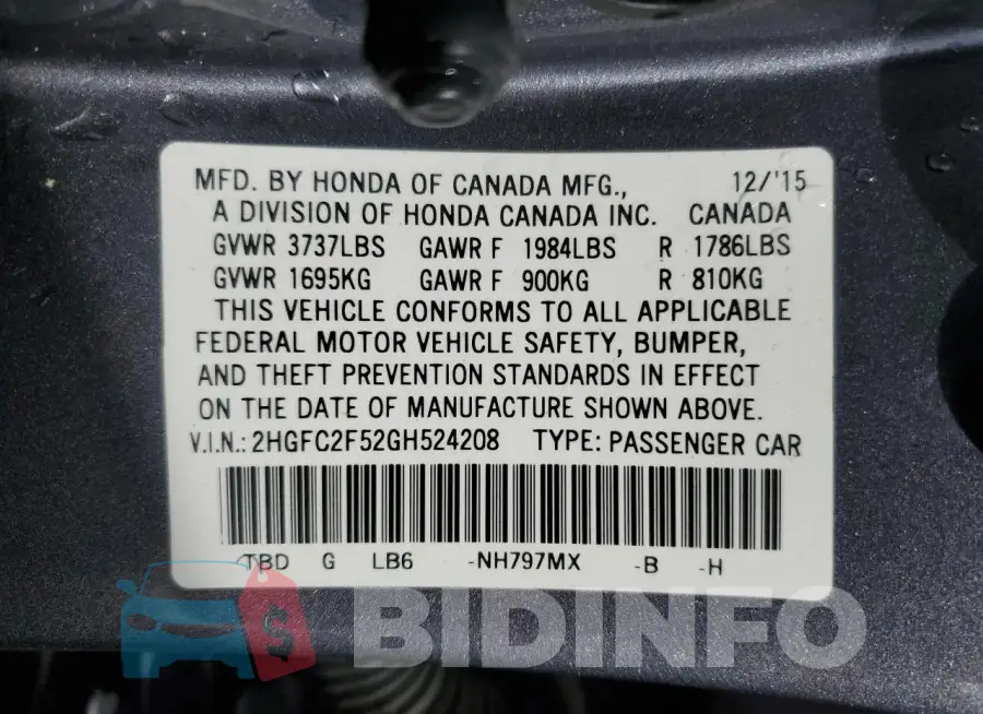 2HGFC2F52GH524208 Photo# 13