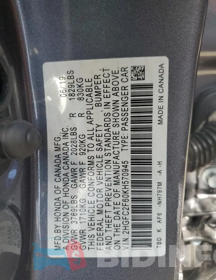2HGFC2F60KH570945 Photo# 12