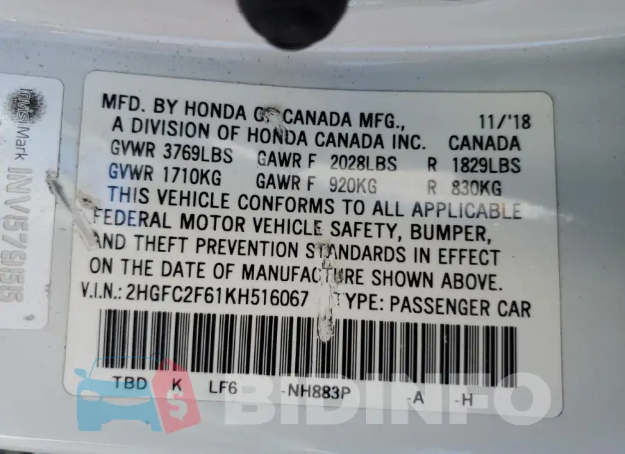 2HGFC2F61KH516067 Photo# 12