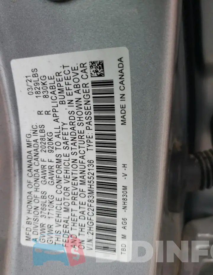 2HGFC2F83MH552136 Photo# 12