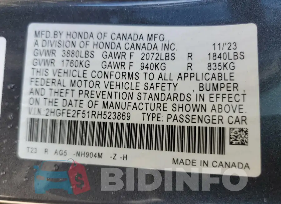 2HGFE2F51RH523869 Photo# 12