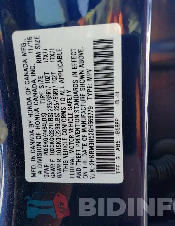 2HKRM3H52GH569779 Photo# 13