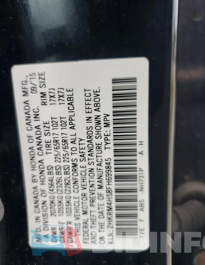 2HKRM4H58FH699845 Photo# 13