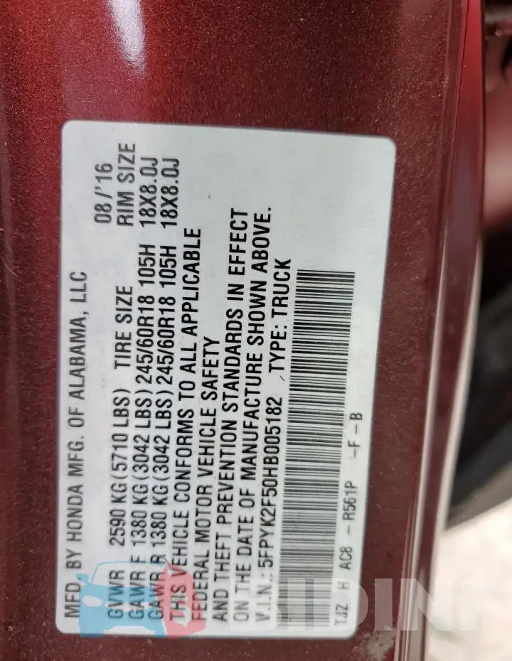 5FPYK2F50HB005182 Photo# 12