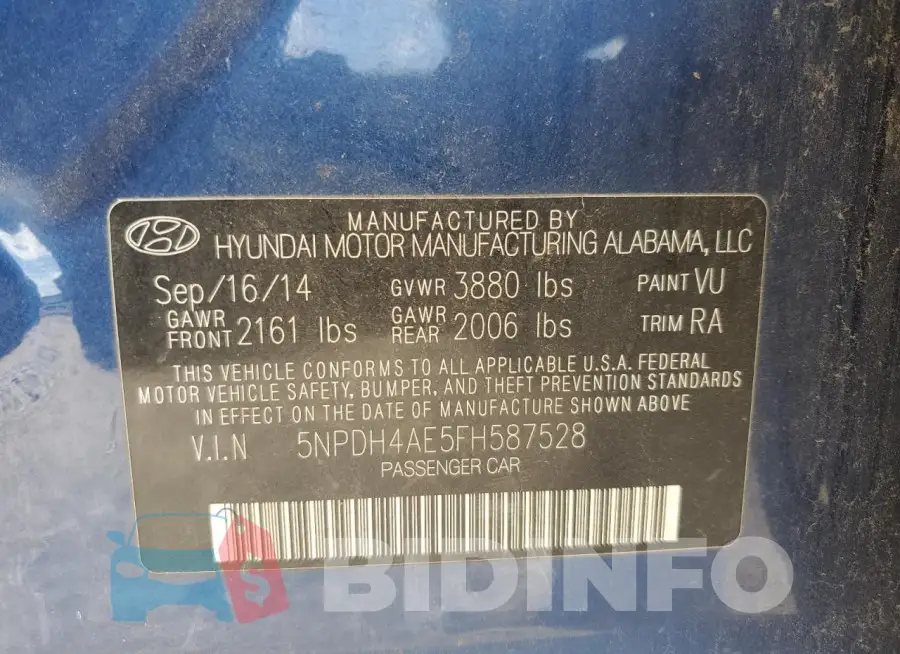 5NPDH4AE5FH587528 Photo# 12
