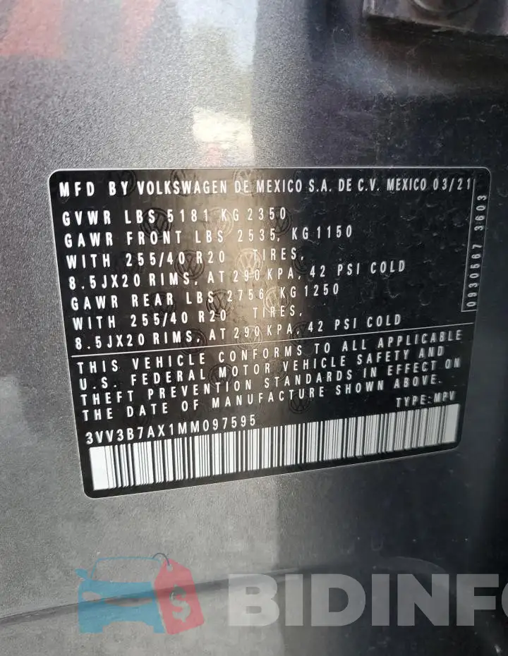 3VV3B7AX1MM097595 Photo# 13