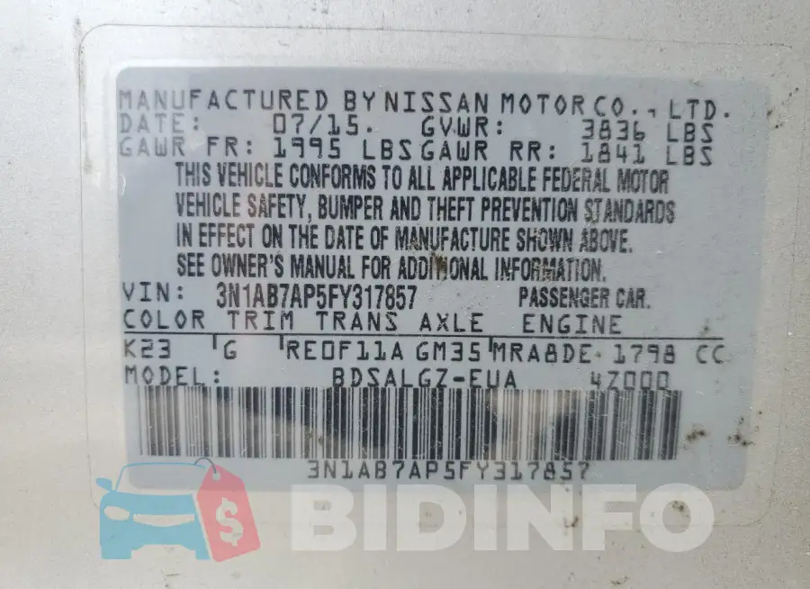 3N1AB7AP5FY317857 Photo# 12