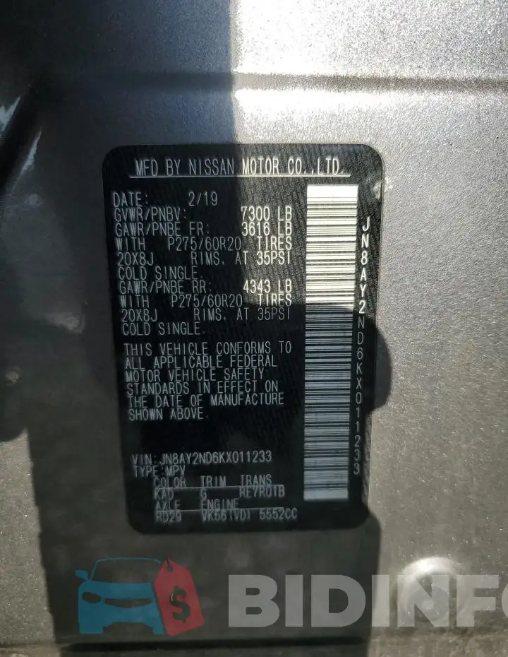 JN8AY2ND6KX011233 Photo# 14
