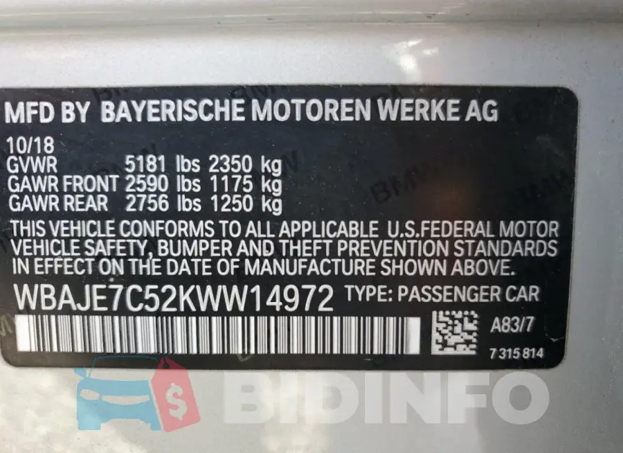 WBAJE7C52KWW14972 Photo# 13
