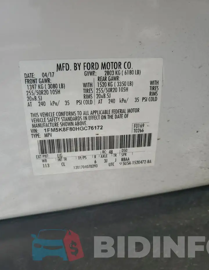 1FM5K8F80HGC76172 Photo# 14