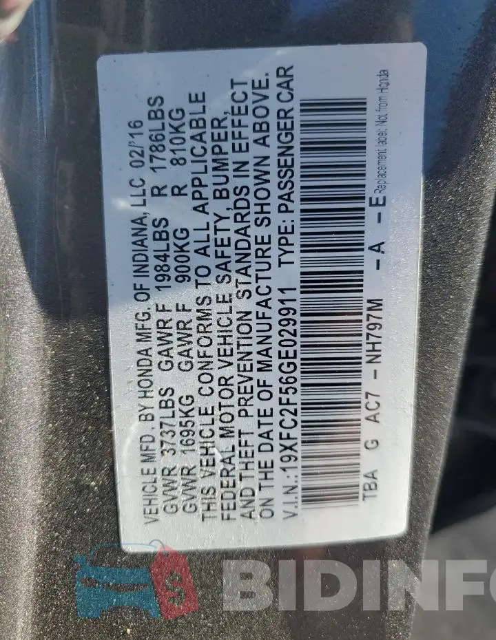 19XFC2F56GE029911 Photo# 12