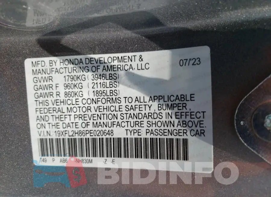 19XFL2H86PE020648 Photo# 14