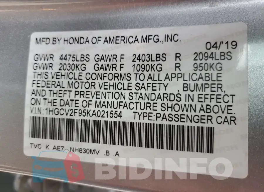 1HGCV2F95KA021554 Photo# 13