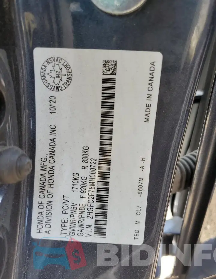 2HGFC2F78MH000722 Photo# 13