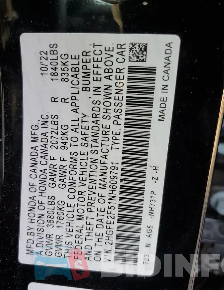 2HGFE2F51NH609791 Photo# 13