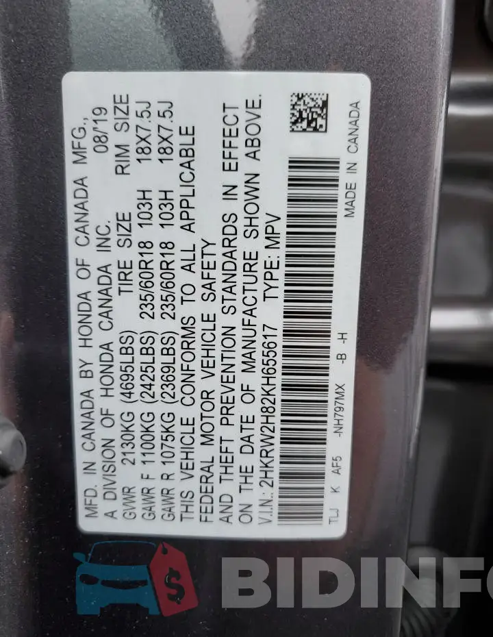2HKRW2H82KH655617 Photo# 12
