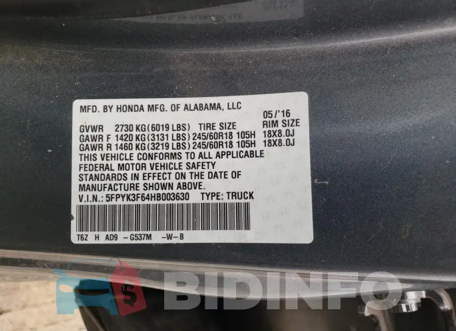 5FPYK3F64HB003630 Photo# 13